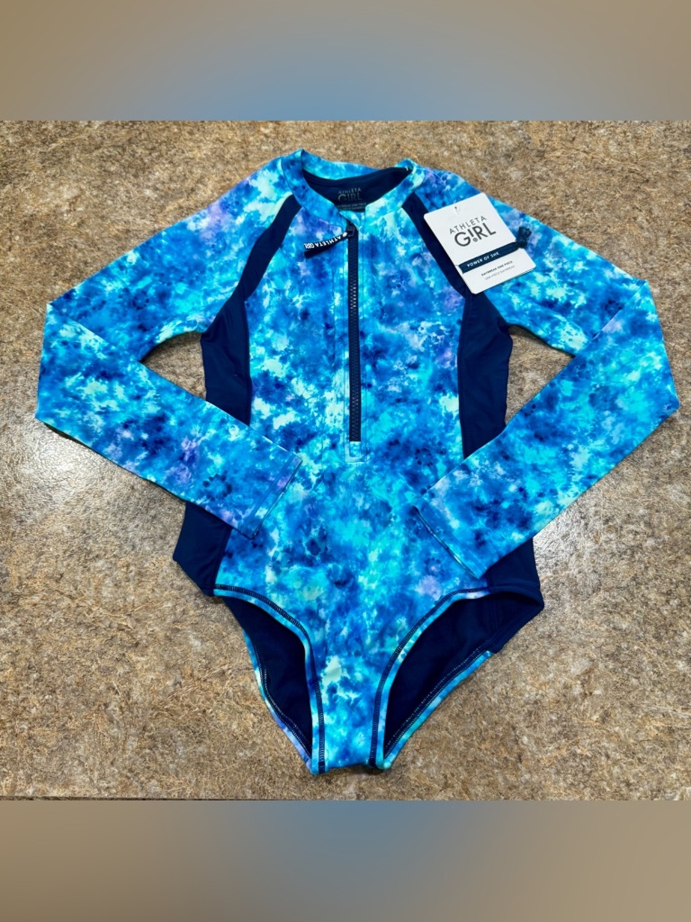 New Athleta Girl Daybreak One Piece Swimsuit – Blue Tie Dye – Size M (8–10)